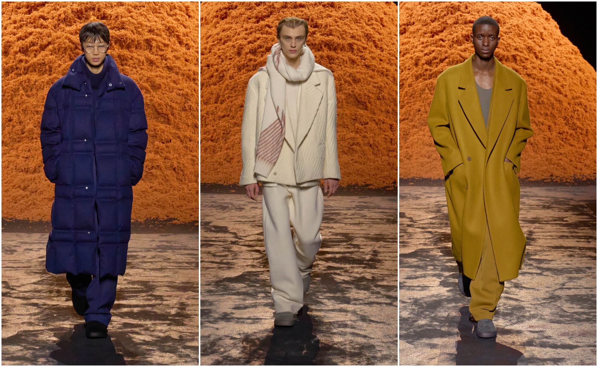 Tres de las propuestas de Alessandro Sartori para la colección masculina de la próxima temporada de Zegna, presentadas en la semana de la moda de Milán.