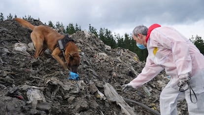 Un agente de la unidad canina de la Ertzaintza, con su perro, busca  a Joaquín Beltrán en el vertedero de Zaldibar, el miércoles.