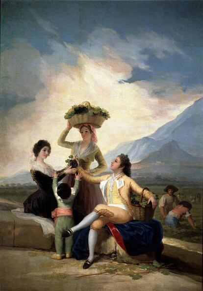 Goya pint 'La vendimia' para la Real Fbrica de Tapices. La vendimia aparece como alegora de oto?o, una representacin comn en la iconografa occidental. El cuadro est en el Museo del Prado.