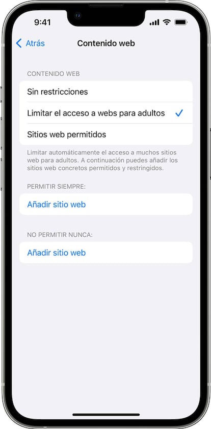 Opciones control parental iPhone