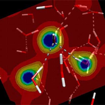 Simulación de moléculas de agua unidas por puentes de hidrógeno sobre un plano de la densidad electrónica.