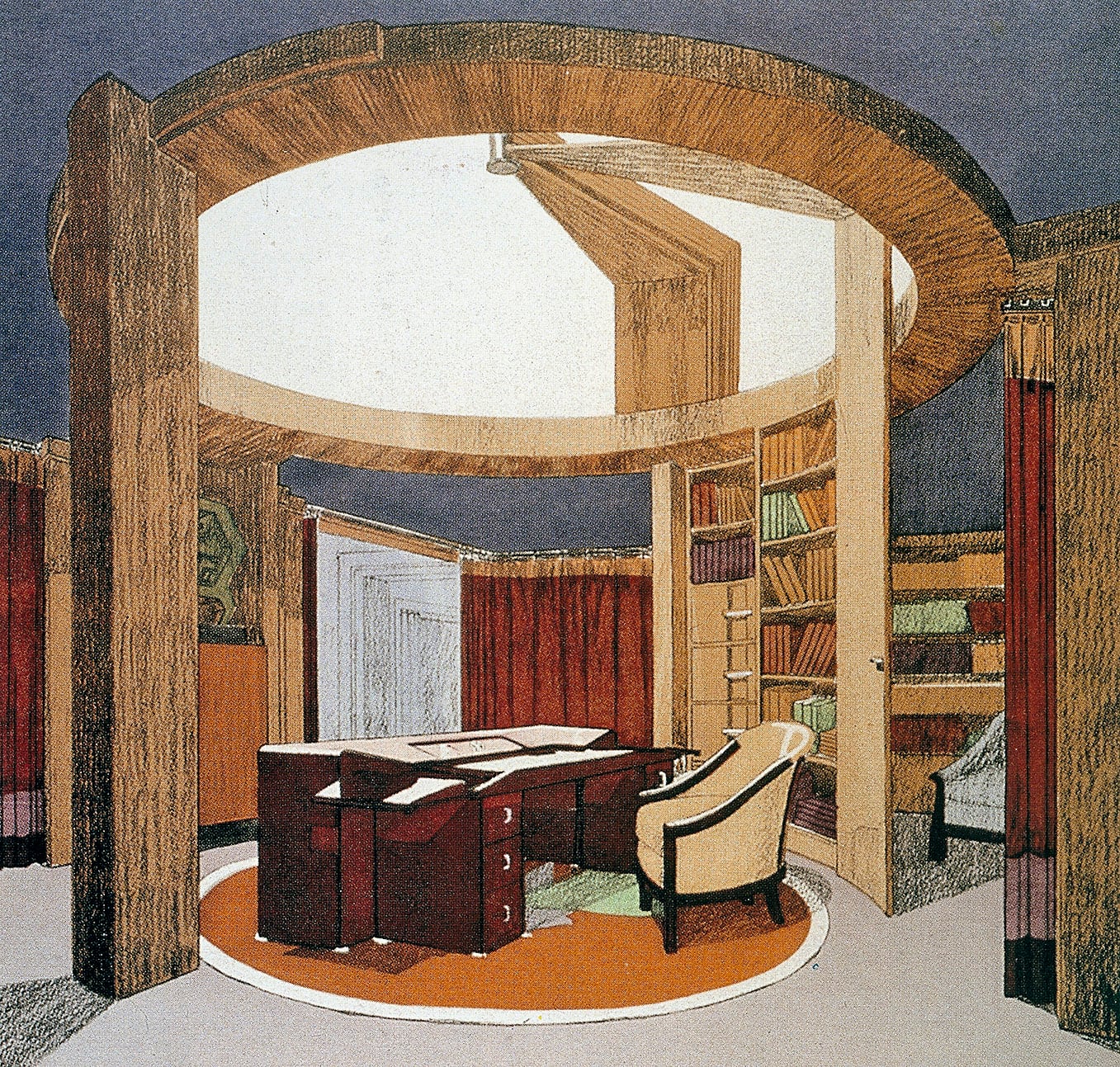 Boceto de la biblioteca de la embajada francesa diseñada por Pierre Chareau para la exposición de 1925. 