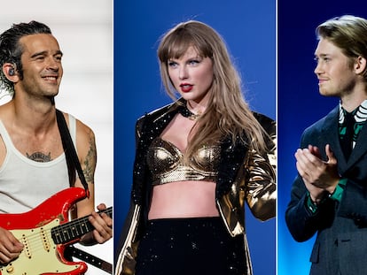 From left to right, Matty Healy, Taylor Swift and Joe Alwyn.


Matty Healy: CHICAGO, ILLINOIS - AUGUST 04: Matt Healy of The 1975 performs during Lollapalooza at Grant Park on August 04, 2023 in Chicago, Illinois. (Photo by Josh Brasted/FilmMagic) Taylor: MADRID, SPAIN - MAY 29: EDITORIAL USE ONLY. NO BOOK COVERS Taylor Swift performs on stage during "Taylor Swift | The Eras Tour" at Santiago Bernabéu Stadium on May 29, 2024 in Madrid, Spain. (Photo by Xavi Torrent/TAS24/Getty Images for TAS Rights Management ) Joe Alwyn: SAN SEBASTIAN, SPAIN - SEPTEMBER 18: English actor Joe Alwyn attends the opening ceremony of the 68th San Sebastian International Film Festival at the Kursaal Palace on September 18, 2020 in San Sebastian, Spain. (Photo by Juan Naharro Gimenez/WireImage)
