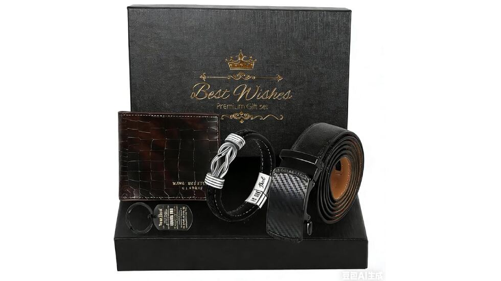 Caja regalo con cinturón, cartera y llavero incluido.