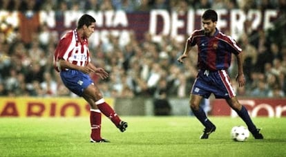 Simeone y Guardiola en la ida de octavos de Copa en 1995.