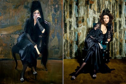 A la izquierda., Clotilde con mantilla negra, 1919-1920, Museo Sorolla. A la derecha, la modelo lleva vestido de BLUMARINE, mantilla de MARIANA BARTUREN, guantes y abanico de EUROPA EUROPA, medias de CALZEDONIA, zapatos de ROGER VIVIER y pendientes y collar de LÓPEZ LINARES. Terciopelo Cornelian de JANE CHURCHILL y, en el suelo, terciopelo Quercus oro de LORENZO CASTILLO Vol. IV, ambos de venta en GASTÓN Y DANIELA, y butaca Red and Blue versión ZEILMAKER, en CASSINA.