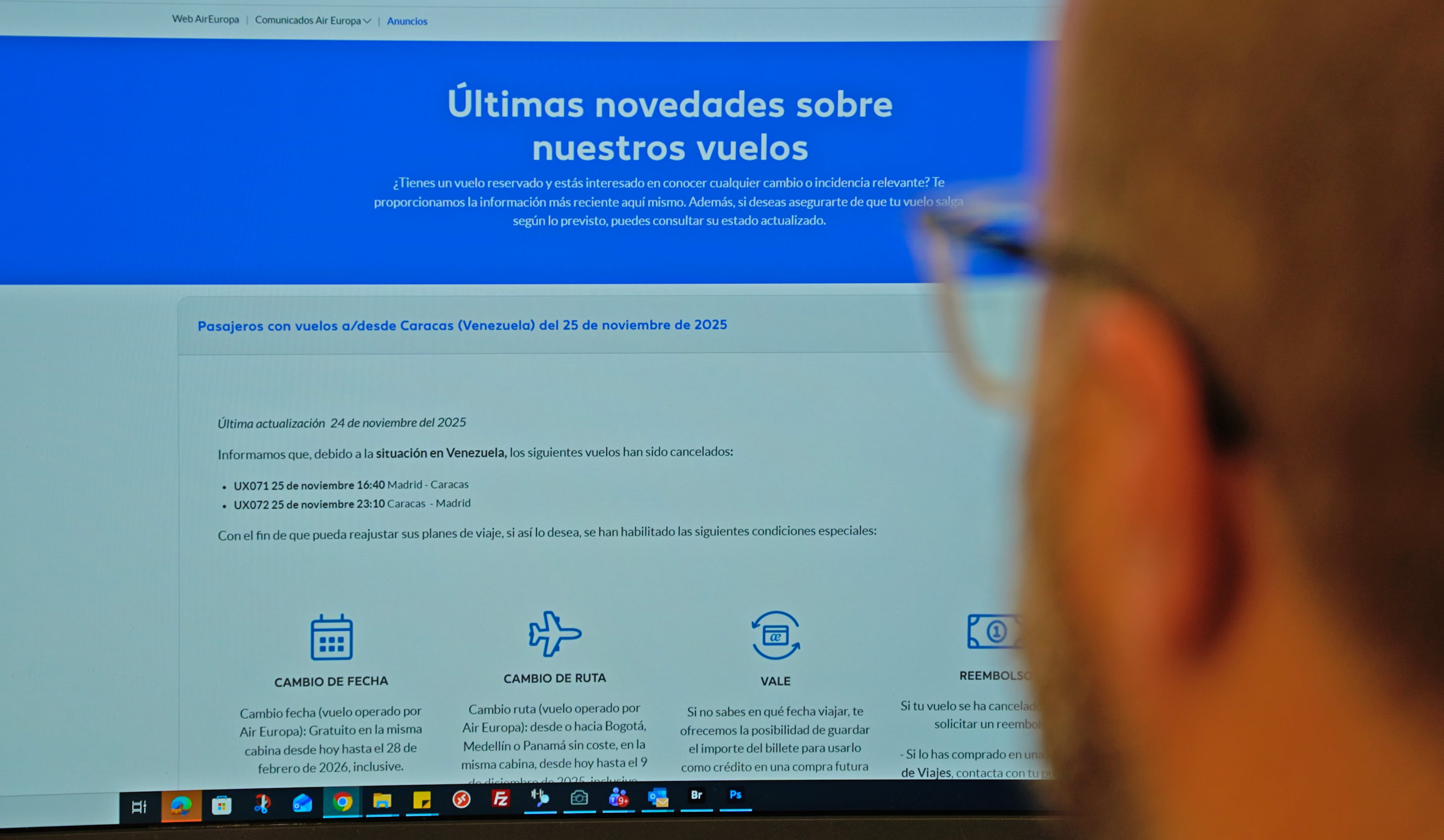 Página de Air Europa anunciando la cancelación de vuelos entre España y Venezuela.