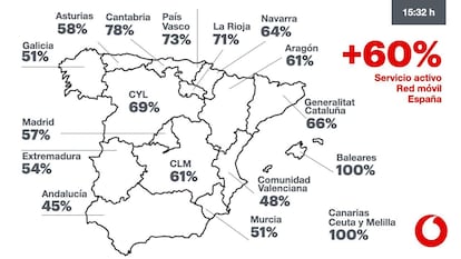 Estado de la red móvil de Vodafone por autonomías a las 15:32 del 28 de abril de 2025. Información facilitada por la empresa.