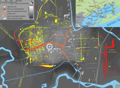 La modelización del territorio realizada a partir de las fotos aéreas permite distinguir el trazado y las construcciones del viejo puerto romano en la laguna de Venecia