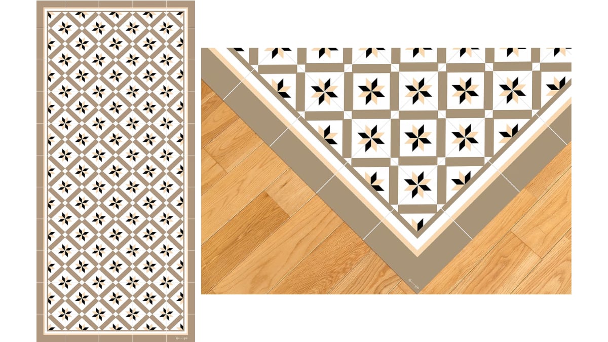 Alfombra vinílica con diseño de baldosas.