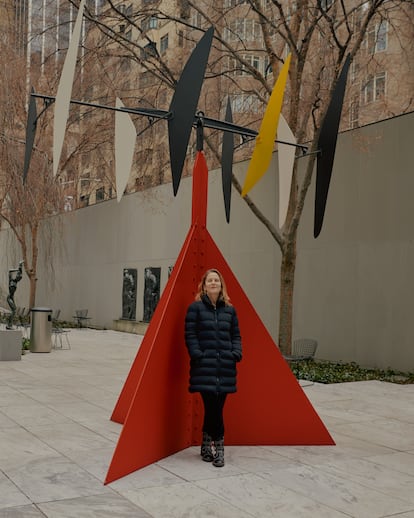 Paola Antonelli in MoMa’s gardens, in front of Sandy’s Butterfly by Alexander Calder.