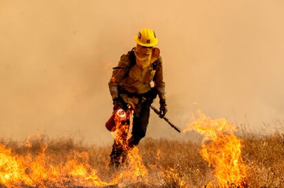 Un bombero quema vegetación mientras intenta evitar que el incendio de Electra llegue a los hogares en California, el martes 5.