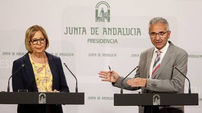 La consejera de Educaci&oacute;n, Adelaida de la Calle, junto al portavoz del Gobierno, Miguel &Aacute;ngel V&aacute;zquez, este martes en Sevilla.