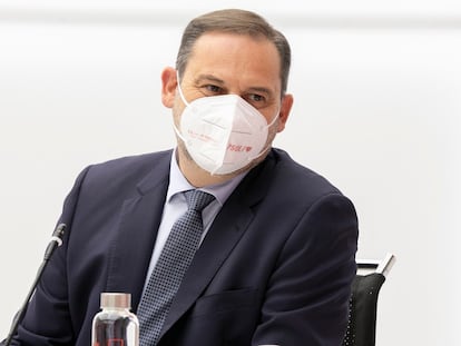 José Luis Ábalos, este lunes, durante la reunión semipresencial de la ejecutiva federal del Partido Socialista en la sede de Ferraz, en Madrid.