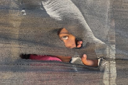 Una niña se asoma tras una tienda improvisada en el puerto en la Ciudad de Gaza, donde miles de personas desplazadas por los ataques israelíes han encontrado refugio.