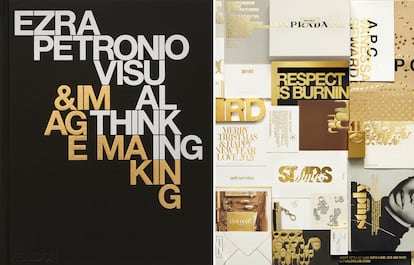 Portada del libro Ezra Petronio. Visual Thinking & Image Maker (Phaidon) y collage con distintos trabajos.