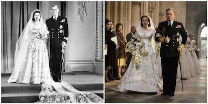 Isabel de Inglaterra y Felipe de Edimburgo el día de su boda. A la derecha, una escena de la serie sobre la boda real.