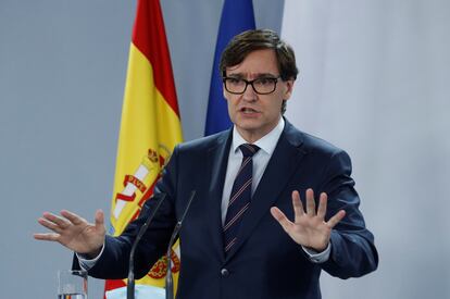 El ministro de Sanidad, Salvador Illa, en la comparecencia de este viernes en el Complejo de la Moncloa.