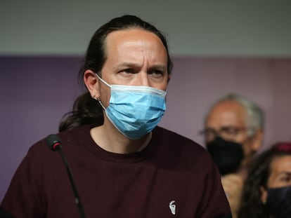 El exvicepresidente segundo y ex secretario general de Podemos, Pablo Iglesias, durante la rueda de prensa en la que anunció su salida de la política tras las elecciones de Madrid.
