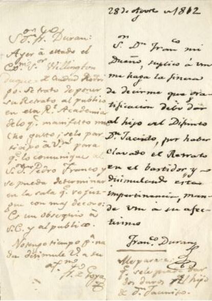 Billete de Francisco Durán a Francisco de Goya y contestación del pintor.
