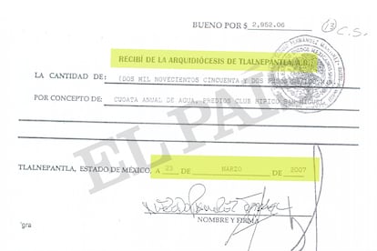 Recibí por el pago de la cuota anual de agua por parte del arzobispado, en marzo de 2007.