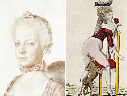 A la derecha un dibujo de María Antonieta, de Liotard, y a la izquierda un sello erótico creados para desacreditarla.
