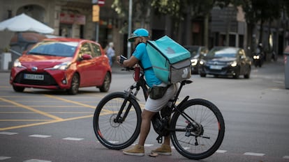 A Deliveroo rider in downtown Barcelona.