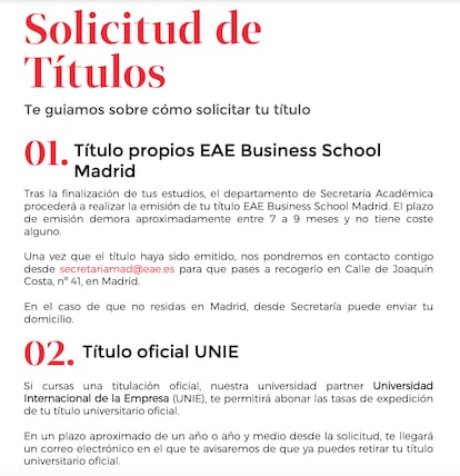 La guía sobre solicitud de títulos colgada en el portal interno de los estudiantes de la EAE Business School.