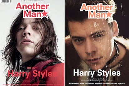 Harry Styles, ex de One Direction, llevando sendos chokers en una sesión para la revista Another Man.