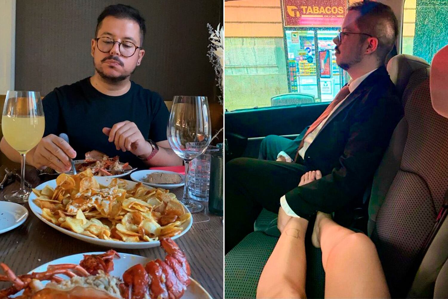 Las dos fotografías polémicas en las que aparece el embajador de Chile en España, Javier Velasco, comiendo langosta y con una mujer en su vehículo.