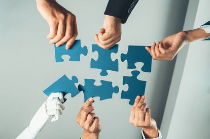Futuristic HR recruitment with productive automation working in panoramic banner, as AI or artificial intelligence robotic workforce displace human. Robotic hand hold puzzle piece to fill gap. Shrewd
