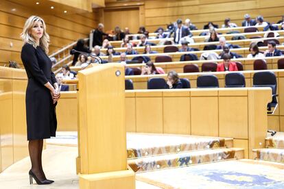 La vicepresidenta segunda y ministra de Trabajo, Yolanda Díaz, este miércoles durante el pleno del Congreso.