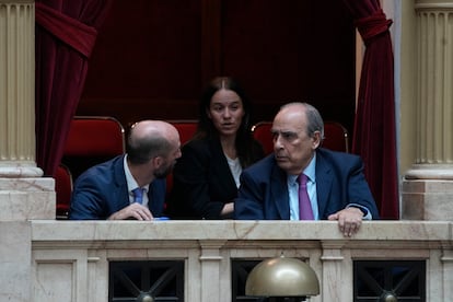     Guillermo Francos, right, attends legislators' debate on Javier Mieli's economic, administrative, criminal and environmental reforms in Congress in Buenos Aires in April 2024. 
