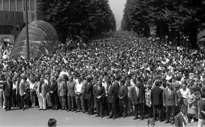 A street protest on July 12, 1997 demanding the release of kidnapped councilor Miguel Ángel Blanco, who was executed by ETA the next day.