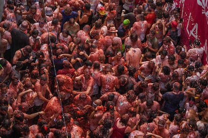 Los participantes de la Tomatina de Buñol lanzn la fruta roja, este miércoles.