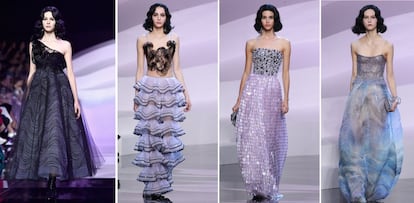 Cuatro de las propuestas de alta costura para la noche de Armani, donde su clásico negro se ha combinado con el color lavanda y el volante y los apliques Swarovski fueron los adornos básicos.