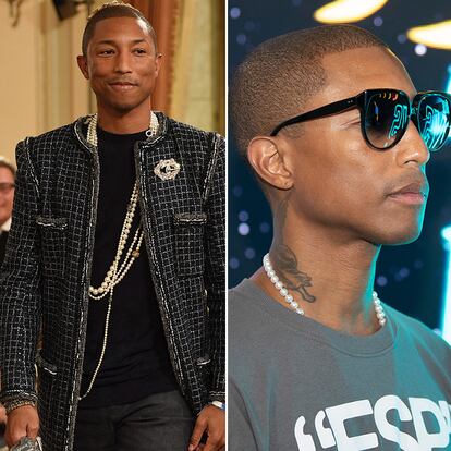 Pharrel desfilando para Chanel con collares de perlas largos y con una versión más corta combinada con camiseta de algodón.