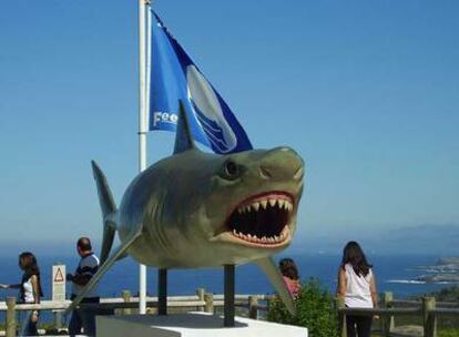 Un marrajo (tiburón de gran tamaño de morro cónico) da la bienvenida al Centro de Interpretación del Medio Marino del Cabo Peñas, en Asturias.