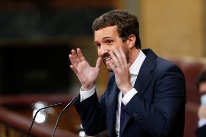 Pablo Casado durante la sesión de control en el Congreso de los Diputados, el 14 April de 2021.