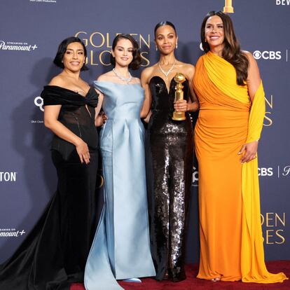 Adriana Paz, Selena Gomez, Karla Sofia Gascon, and Zoe Saldana, winners of the Best Motion Picture - Musical or Comedy award for "Emilia Perez," pose at the 82nd Golden Globe Awards in Beverly Hills, California, U.S., January 5, 2025. REUTERS/Mario Anzuoni