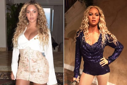 Beyoncé y, a la derecha, la reproducción en cera del museo Madame Tussauds de Nueva York.