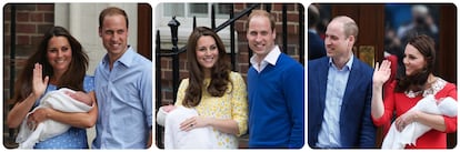 Los duques de Cambridge en los nacimientos de sus tres hijos: Jorge, Carlota y Luis.