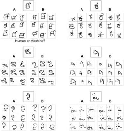 &iquest;M&aacute;quina o humano? Tras mostrarles un car&aacute;cter (arriba) de un alfabeto, tanto la m&aacute;quina como los humanos tuvieron que escribir nuevos ejemplos. Las diferencias son inapreciables.