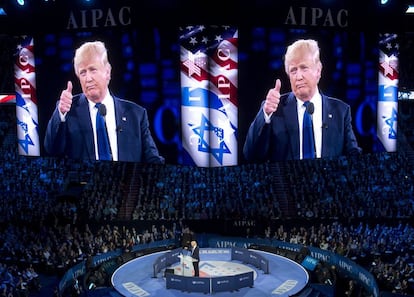 Trump se dirige a la audiencia de la AIPAC.