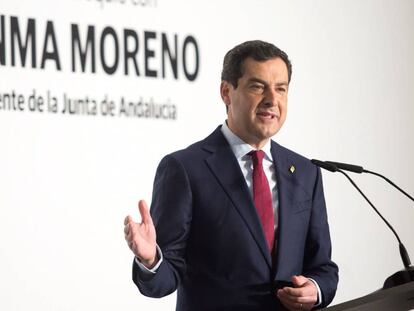 Juan Manuel Moreno, presidente de la Junta de Andalucía, este lunes en Málaga.