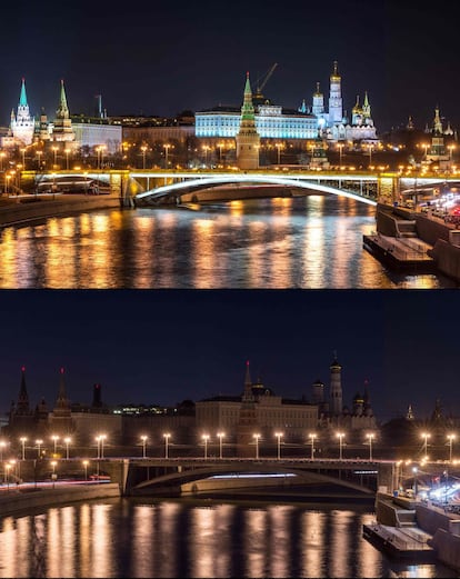 Fotografías realizadas el 19 de marzo, muestran el Kremlin iluminado y con su luz apagada, como parte de la "Hora del Planeta" campaña ambiental en el centro de Moscú.