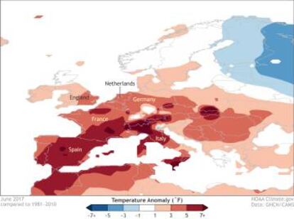 Anomal&iacute;as t&eacute;rmicas en junio del a&ntilde;o pasado respecto a la media de 1981 a 2010.