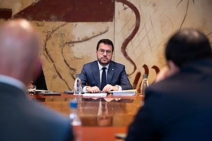 El 'president' Pere Aragonés, durante la reunión semanal del Govern de la Generalitat de este martes.