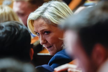 La líder del partido Rassemblement National (RN), Marine Le Pen, este lunes en la Asamblea Nacional en París.