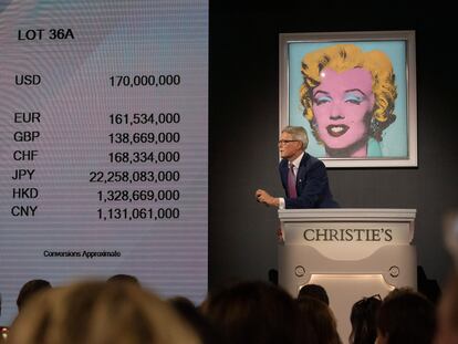 La casa de subastas Christie's en busca de nuevas pujas por 'Shot Sage Blue Marilyn' de Andy Warhol, en Nueva York (Estados Unidos), el 09 de mayo de 2022.